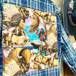 Upcycled Native wildlife back detailing plaid boho shirt w western country vibe
